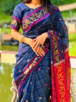 নেভি ব্লু চেক টাঙ্গাইল সুতি বুটিক শাড়ি - Image 3